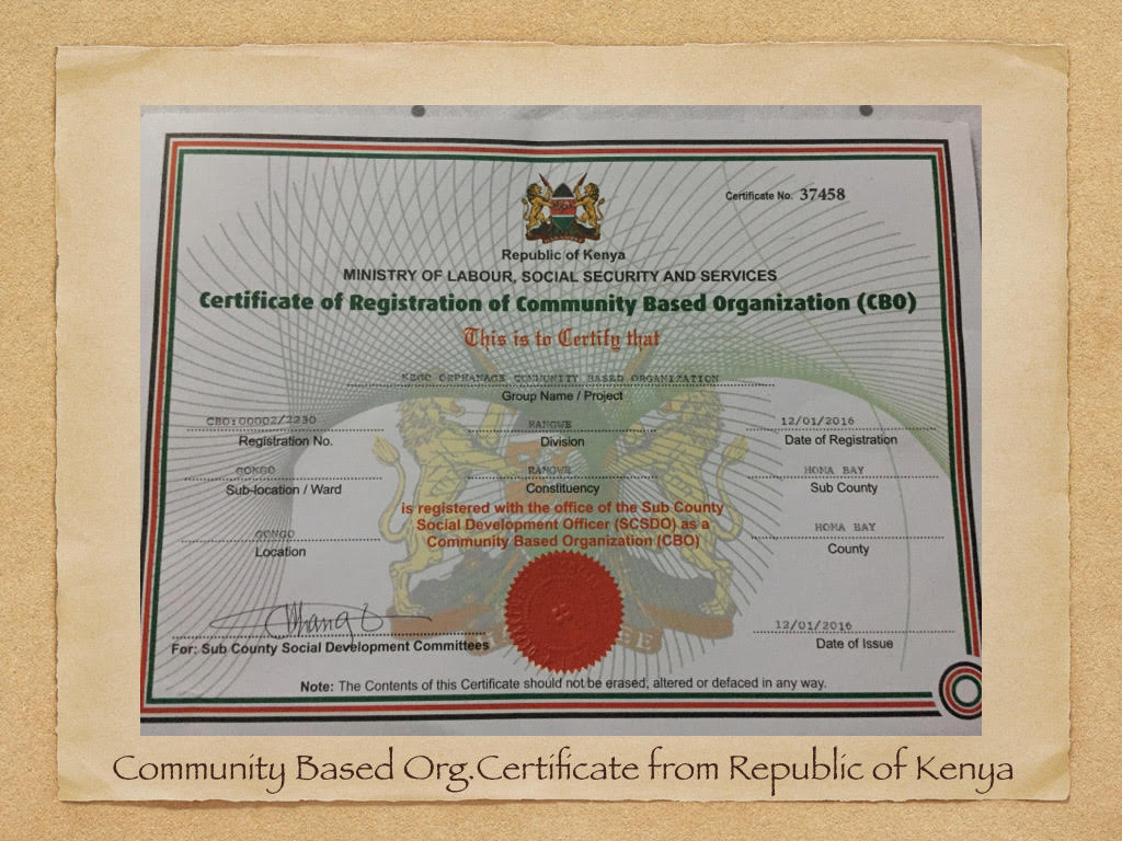 Community Based Organization Certificate from Republic of Kenya Kego Orphanage